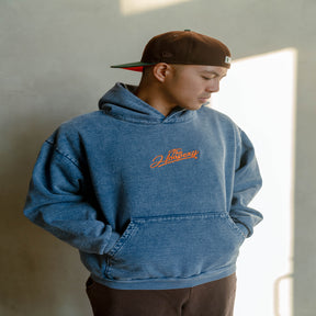 Embroidered 'Script' Mineral Wash Pullover - Indigo